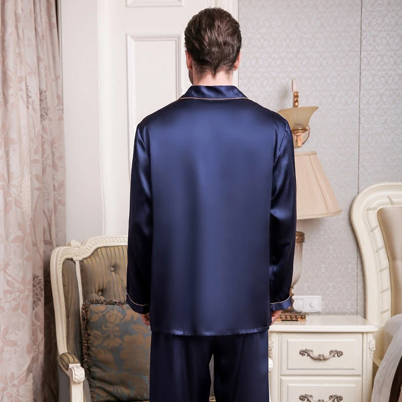 Pijama de seda auténtica para hombre, conjunto de dos piezas con pantalones de manga larga, 100%, T9002
