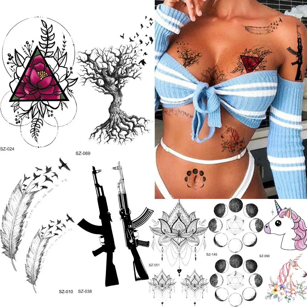 

Temporary Tattoo Women Geometric Flower Moon Tattoo Stickers Black Branch Tree Fake Men Tatoos AK Gun Feather Birds M416 Makeup