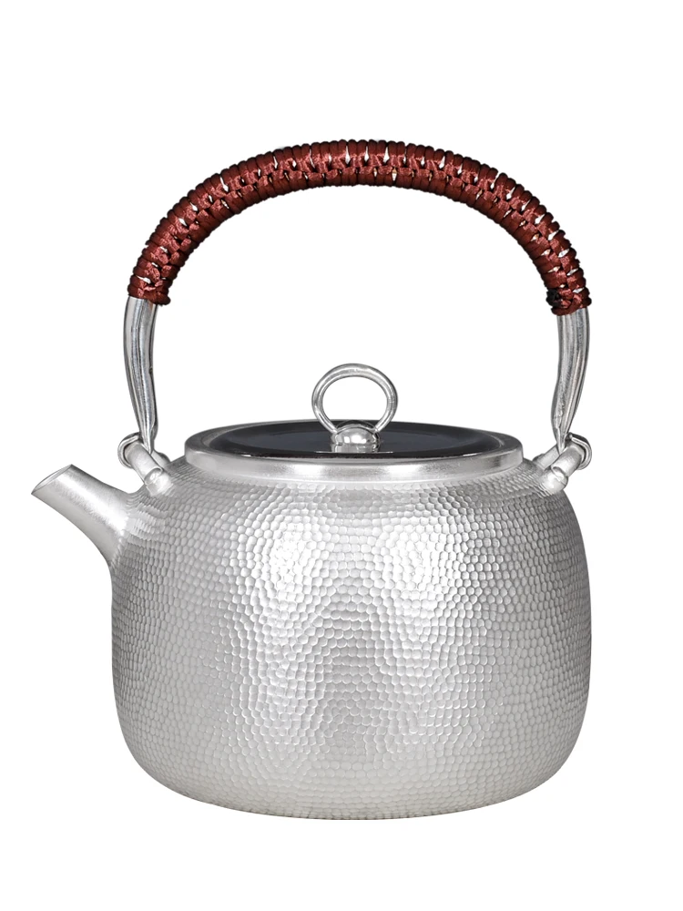 pure silver Kung Fu tea set, manual production pure silver 999 do old burn water kettle mention beam pot, office gift collection