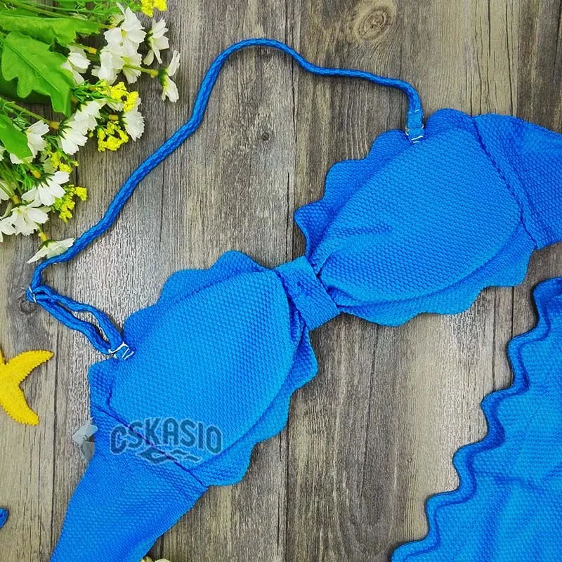 2017 Cute Scalloped Swimwear Women Swimsuit Sexy Bandeau Bikini Set Blue Biquini Padded Bathing Suits maillot de bain femme S-L