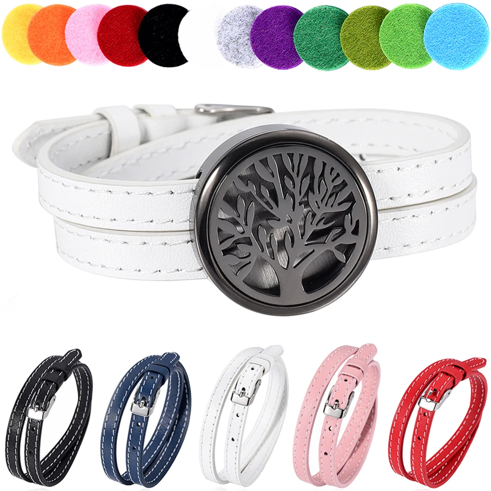 

Genuine White Leather bracelet / 316L S.Steel Essential Oils Diffuser Locket bangle - Tree (5PCS/Set)