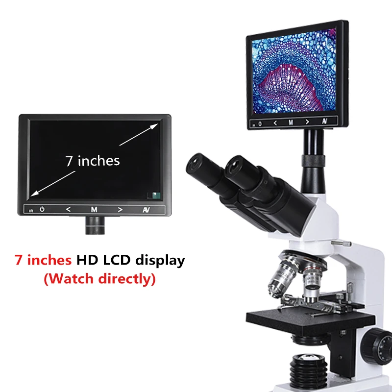 Professional Lab biological HD trinocular microscope zoom 1600X eyepiece electronic 7-inch LCD led Light smartphone stand USB