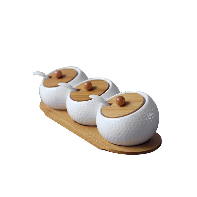 Ceramic Condiment Storage Jar Household Seasoning Pot Bamboo Tray Spice Jar Soy Sauce Box Salt Sugar Can Kitchen Organizer Tools