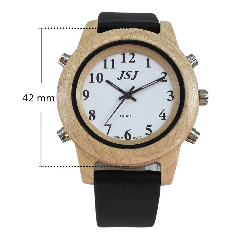 English Talking Watch with Alarm, White Dial, Wooden Frame, Leather Band