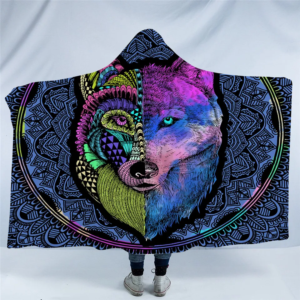 BeddingOutlet Wolf Hooded Blanket Tribal Animal Dreamcatcher Sherpa Wearable Blanket Adults Geometric Colorful Throw Blanket