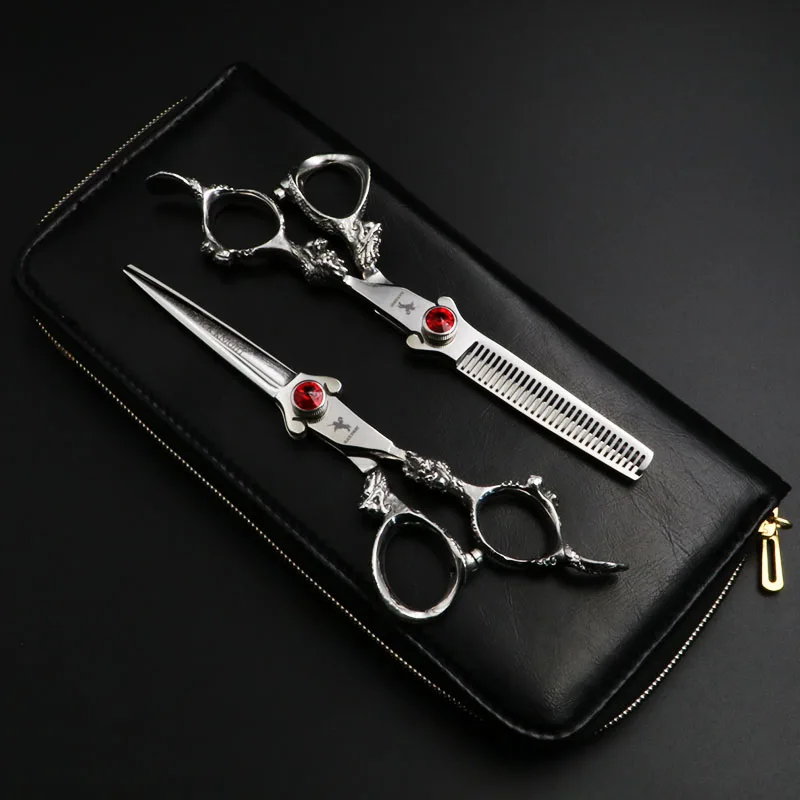 

6 inch Professional Hairdressing scissors set Cutting and Thinning Barber shears High quality Dragon Handle Ruby style