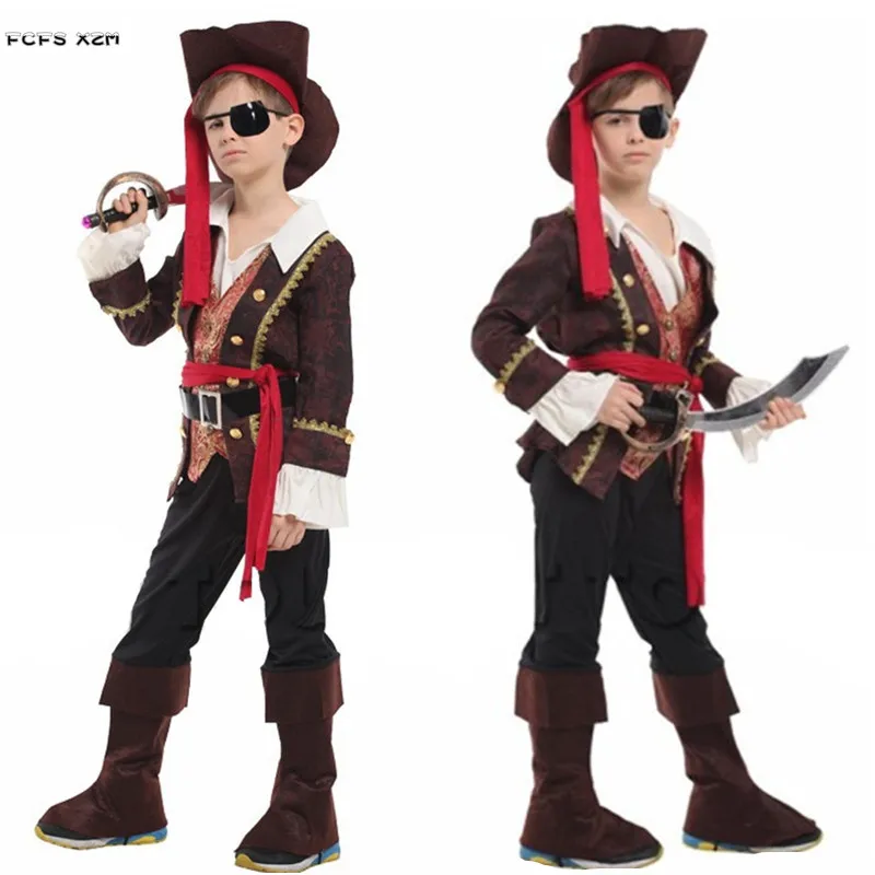 M-XL Kids Children Halloween One-eye Pirate Costumes Boys Robber Seaman Cosplay Carnival Purim Masquerade Role Play Party Dress