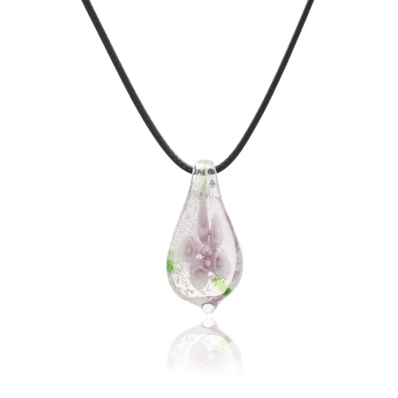 Charm Waterdrop Art Murano Lampwork Glass Pendant Necklace Pink Flowers Inside Women Girls Summer Jewelry Luminous in the dark