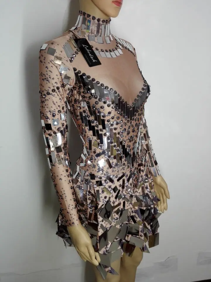 Singer Dancer Groups Modern Jazz Dance Performance Costume Silver Sequins Crystals Glitter Mirrors Long Sleeve Mini Short Dress