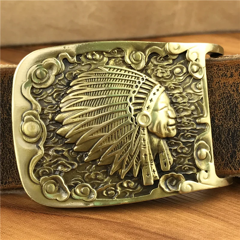 Mosiężny wódz Indian klamry pasa skórzany pasek mężczyźni Ceinture Homme żółty pasek mężczyźni męski pasek szeroki pasek do jeansów MBT0424