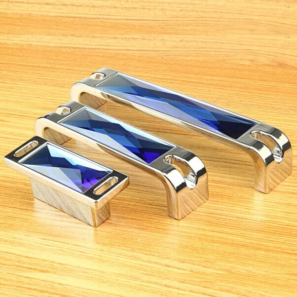 128mm 160mm Top quality k9 blue crystal wine cabinet wardrobe watch tv table handles silver chrome dresser drawer knobs mondern