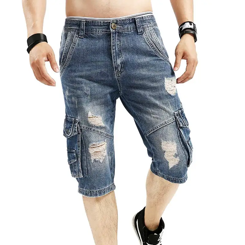 Idopy Casual Men\'s Cargo Denim Shorts Retro Vintage Washed Slim Fit Jean Mulit-Pockets Military Biker Trousers For Male