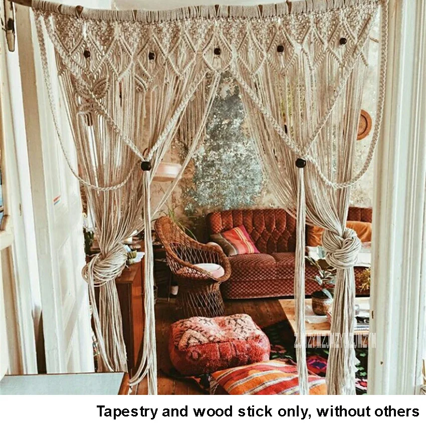 

120*160cm Macrame Hand-woven Rope Tapestry Bohemian Wall Hanging Door Curtain Tapestry Nordic Style With Natural Tree Branch