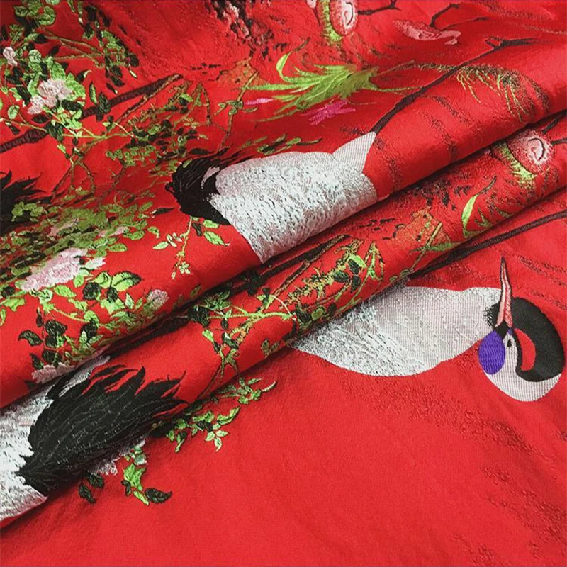 145cm width France imported red crane printed jacquard tapestry satin jacquard fabric fashion fabric DIY clothing