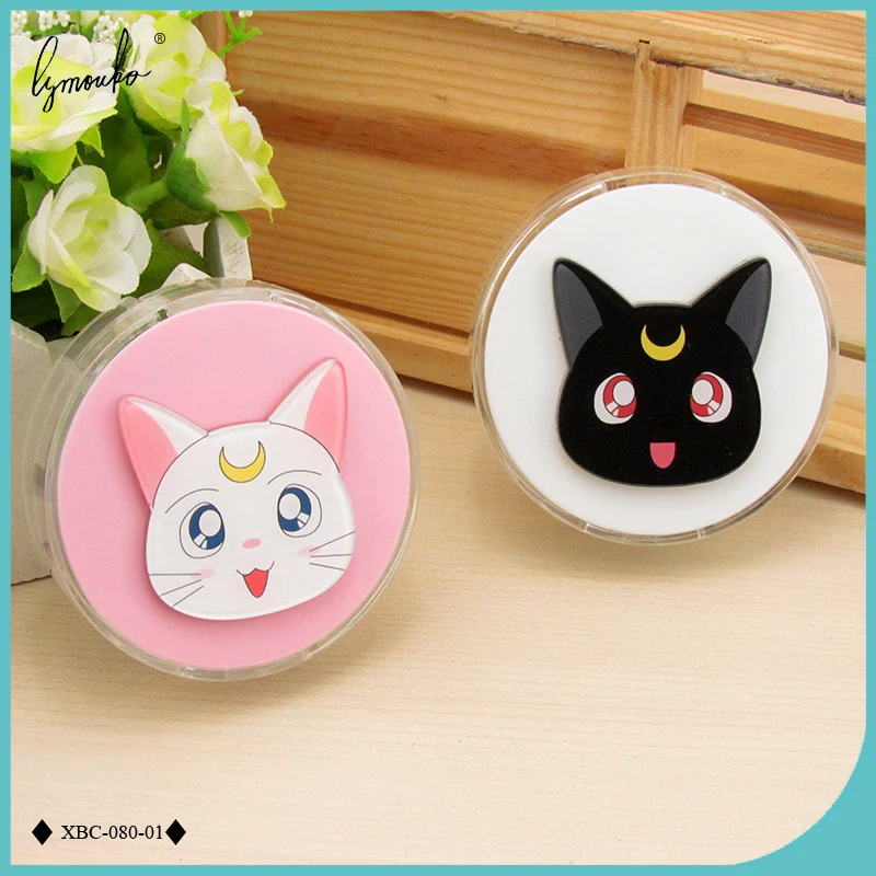 Lymouko New Design Cute Cartoon Round Cat with Mirror Contact Lens Case for Women Gift Portable Kit Holder Lenses Box
