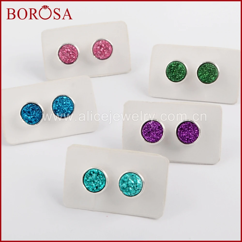 

BOROSA 5Pairs 9mm Round Silver Color Bezel Titanium Druzy Stud Earrings Plating Rainbow Color Drusy Earring Women Jewelry ZS0328