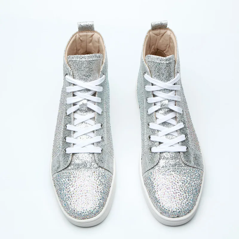 Men Casual Shoes High Top Sneakers Shiny Crystal Sneaker Lace-up Silver Glitter Flat Rhineston Walking Male Shoes