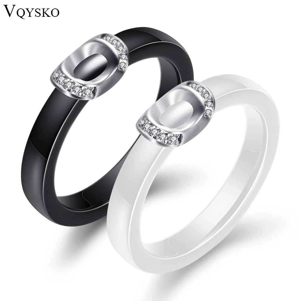 Unique Design White/Black Ceramic Ring With Cubic Zirconia Stone Women Jewelry Engagement Wedding Band Gifts For Women