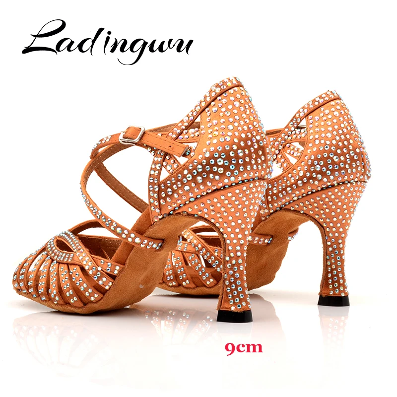 Ladingwu NEW Dance Shoes Latin Women Laser Rhinestone Bronze Silk Satin Skin Color Black Ballroom Dance Shoes Salsa Dance Sandal