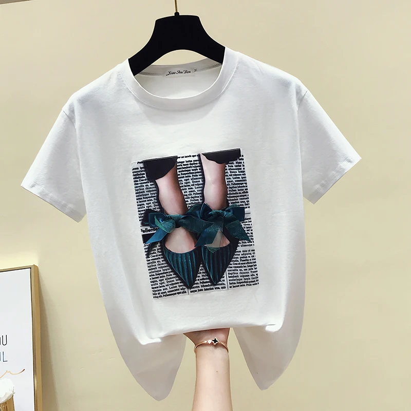 gkfnmt 2021 Summer Cotton White Black Tshirts Short Sleeve Casual T-Shirt Women O-Neck Slim Applique Tee Shirt Femme