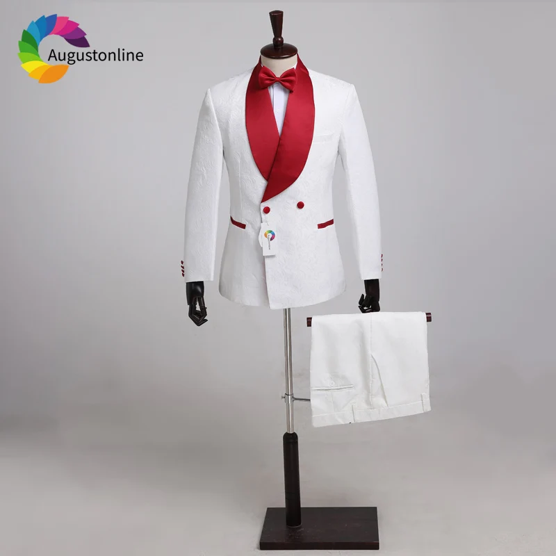 

White Floral Pattern Shawl Lapel Double Breasted Men Suits Wedding Suits Slim Fit Formal Tuxedos Costume Homme Mariage 2 Pieces