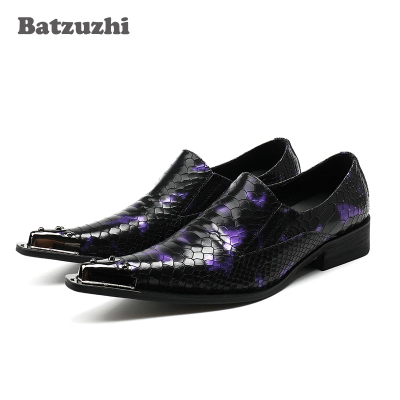 

New 2018 Leather Men Shoes Pointed Toe Slip on Metal Tip Men Dress Shoes Evening Party Wedding Flats Plus Size US12 Siz 46