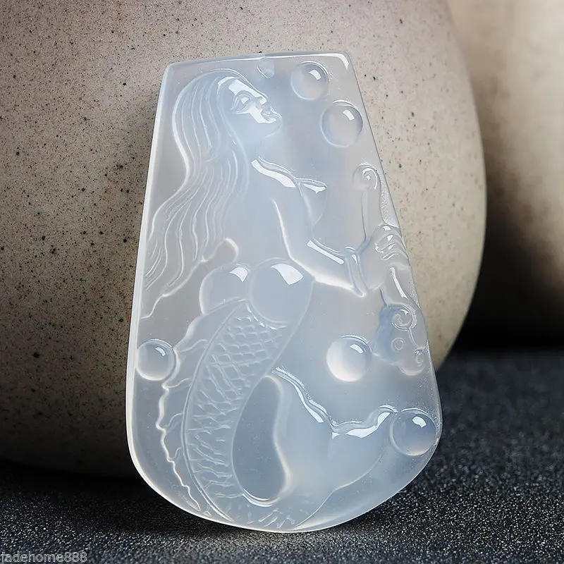 Chinese 100% Natural jadeite Chalcedony Mermaid jadeite pendant necklace