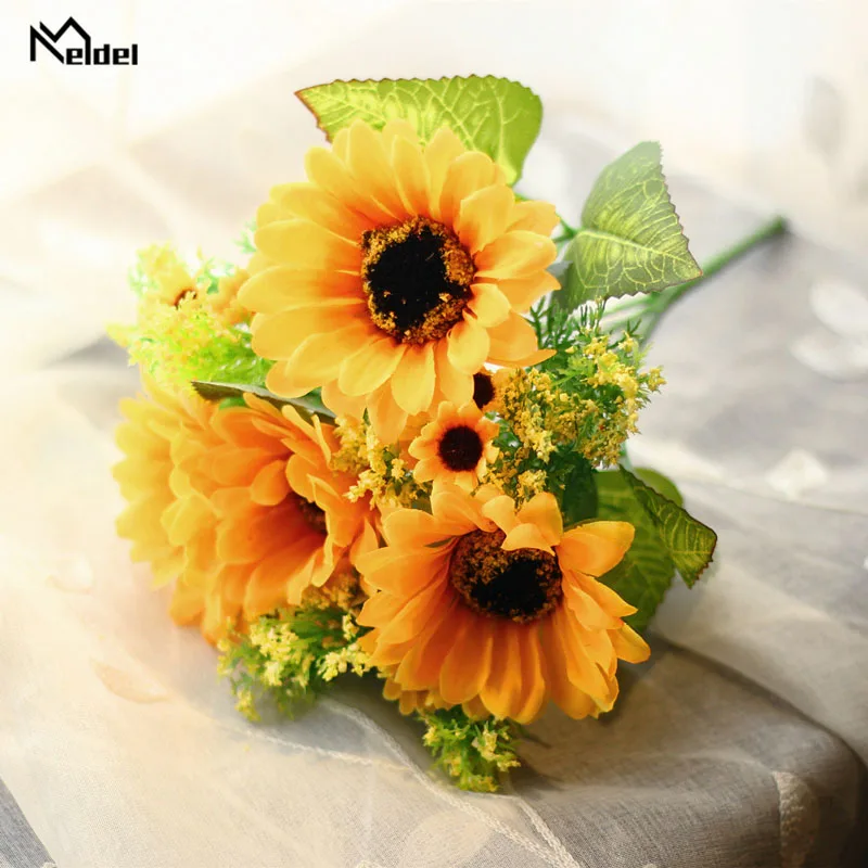 Meldel Wedding Bouquet Bridesmaid Sunflower Artificial Silk Flowers Baby's Breath Sunflower Bunch of Flower DIY Home Decorations