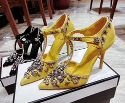 Crystal Pumps Women Wedding Shoes 8cm Black High Heels Stiletto Size 33-40 Sexy Bridal Pump T-Strap Ladies Yellow Party Shoes