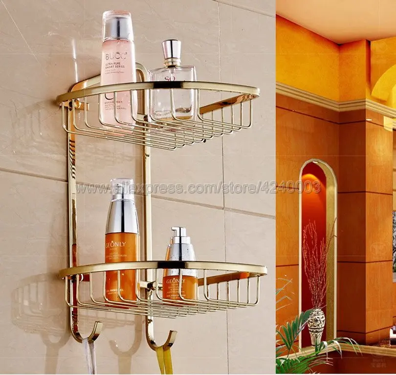 Bathroom Shelves Golden Brass 2 Tiers Corner Shelf Shower Caddy Storage Shampoo Basket Wall Kitchen Corner Sticky Holder Kba098