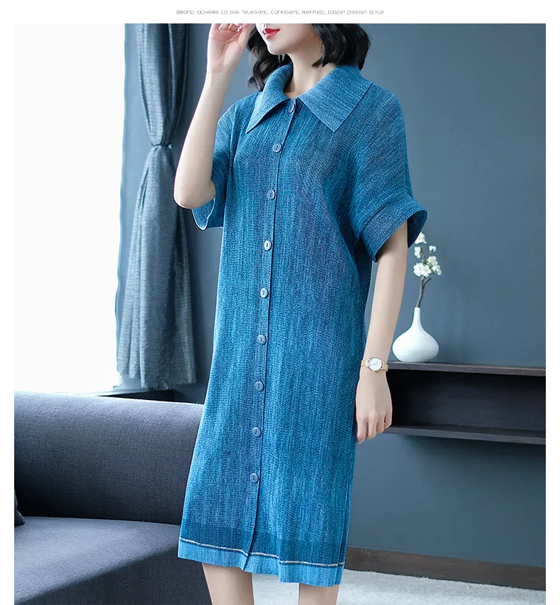 

HOT SELLING Miyake fashion fold turn-down collar knee sleeve vintage print dress IN STOCK