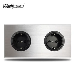 Wallpad Grey 2 Gang Double EU Wall Electric Outlet Socket German Plug Silver Brushed Aluminum Panel Double Plate 172 * 86 mm