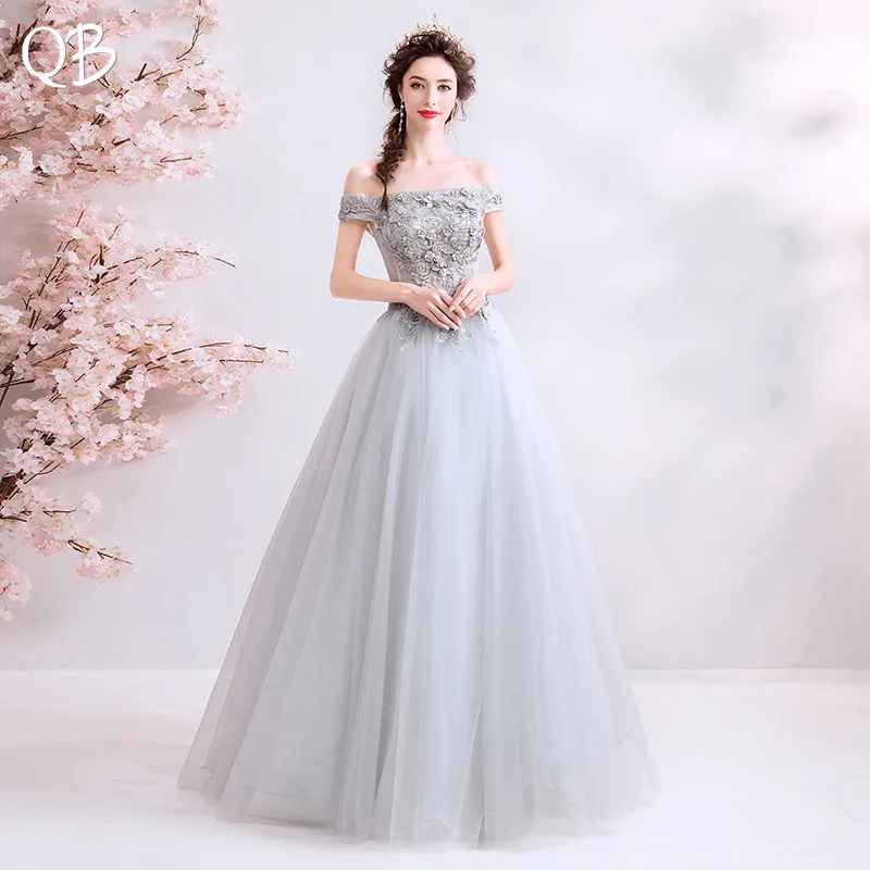 Silver Cap Sleeve A-line Tulle Lace Flowers Beaded Long Formal Elegant Evening Dresses Bride Banquet Party Prom Dress XS16