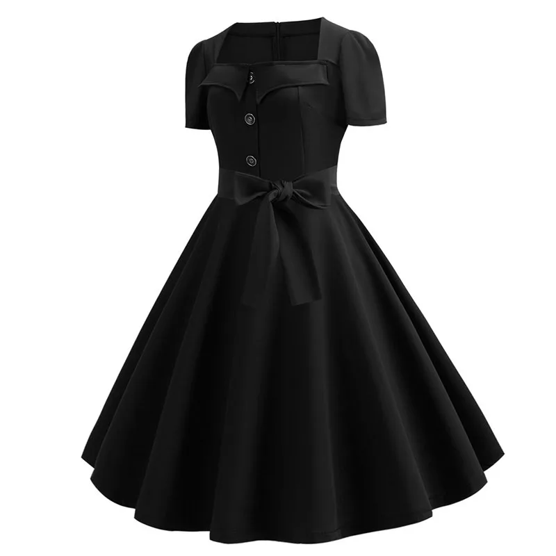 Women vintage summer 50s 60s retro swing elegant solid office party dress - details 12