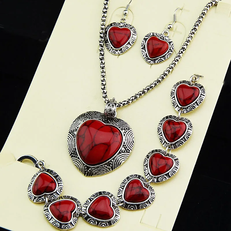 Retro Jewelry Sets Vintage Antique Tibetan Silver Oval Red Natural Stone Earrings Bracelet Necklace Women Jewelry Set A696