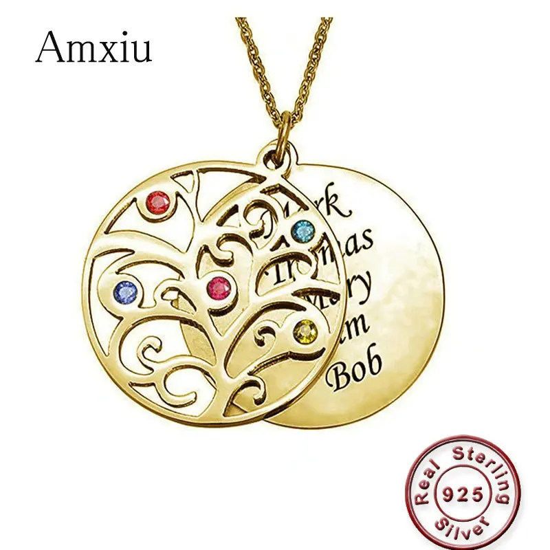 Amxiu Custom 925 Silver Necklace Personalized Team Family Name Tree Pendant Engrave 1-5 Names Round Pendant Necklace For Women