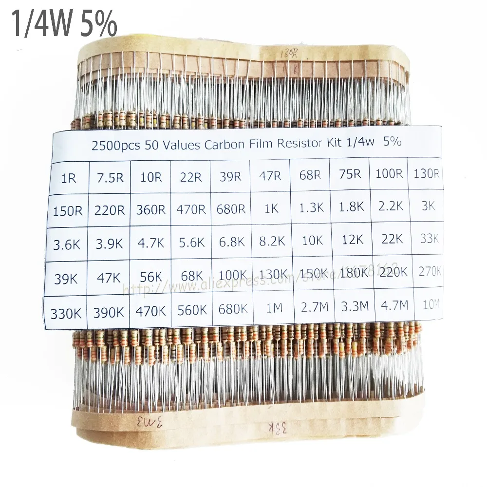 2500 pcs/lot 1/4w 0.25w 5% kit de resistor de filme de carbono 50 valores seleção de mistura de pacote de sortimento (1r-10m)