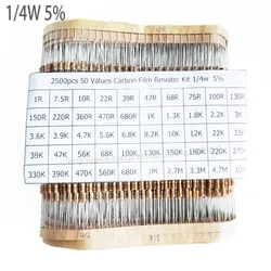 2500 teile/los 1/4W 0,25 w 5% Carbon Film Resistor Kit 50 Werte Assortment Pack Mix Auswahl (1R-10M)