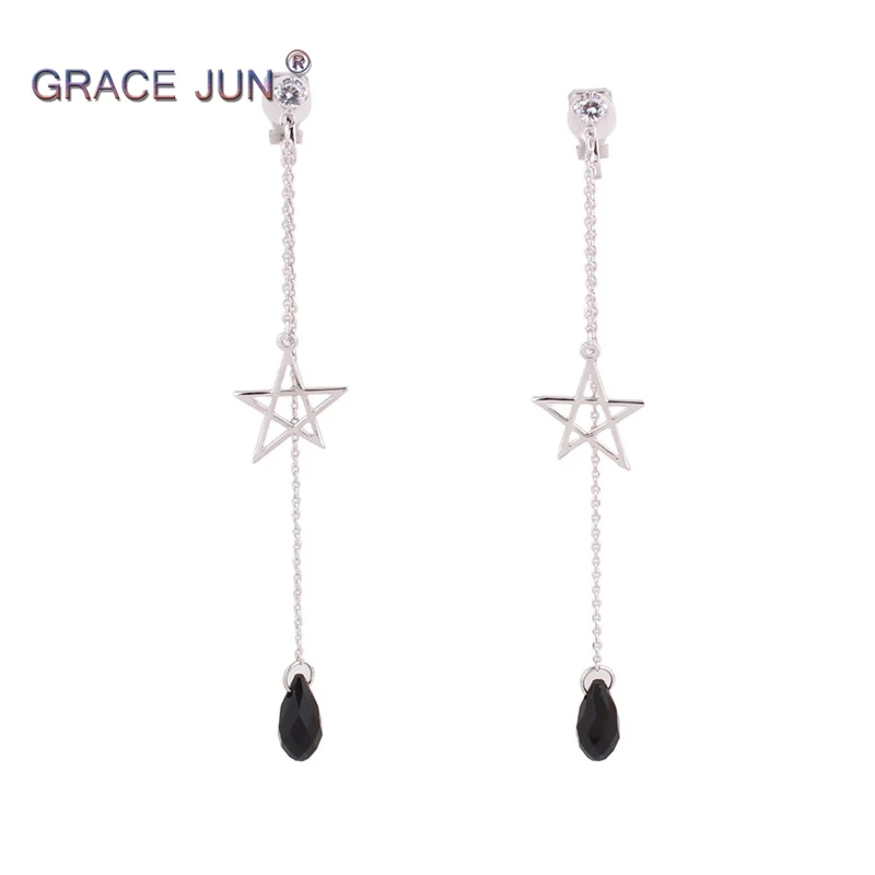 2 Colors Choose Long Tassel Import Crystal Star Shape Clip on Earrings Non Piercing for Women Charm Cushion Earrings Ear Clip