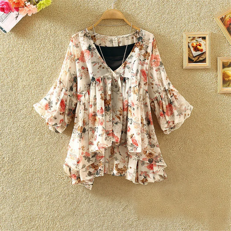 Frauen Floral Print Bluse Casual V-ausschnitt Chiffon Blusen Dame Laterne Hülse Rüschen Shirts unregelmäßigen Blusas Tops Plus Größe A1338