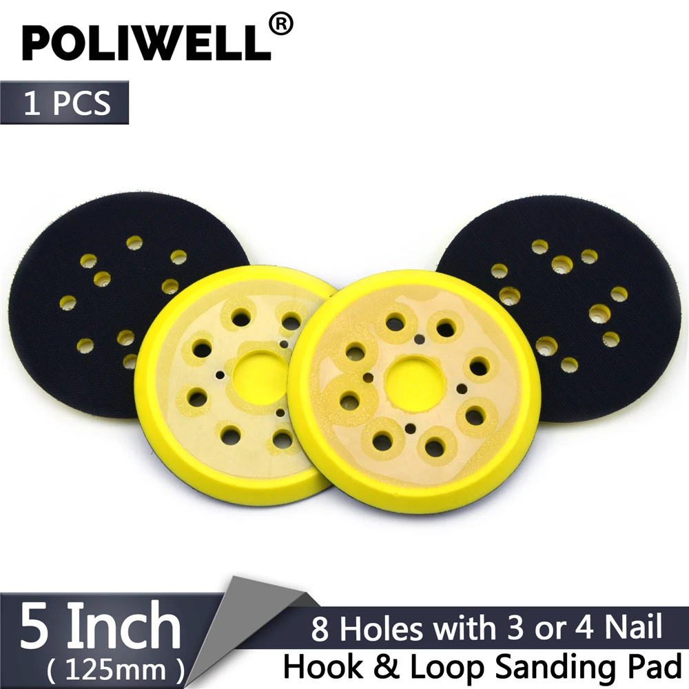 POLIWELL 5 inch 125mm 8 Holes 3 4 Nails Backing Pad Hoop & Loop Sanding Pads for Sanding Disc Holder Power Sander Polisher Tools