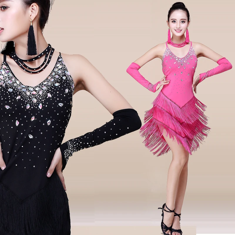 Sexy Ladies Girls Rhinestone Fringe Tassel Latin Skirt Women Performance Ballroom Tango Latin Salsa Dance Dress