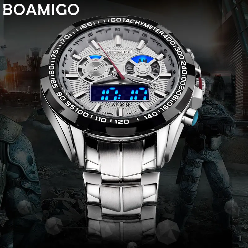 BOAMIGO top luxury brand men sports watches military fashion business steel digital quartz watch gift clock relogio masculino