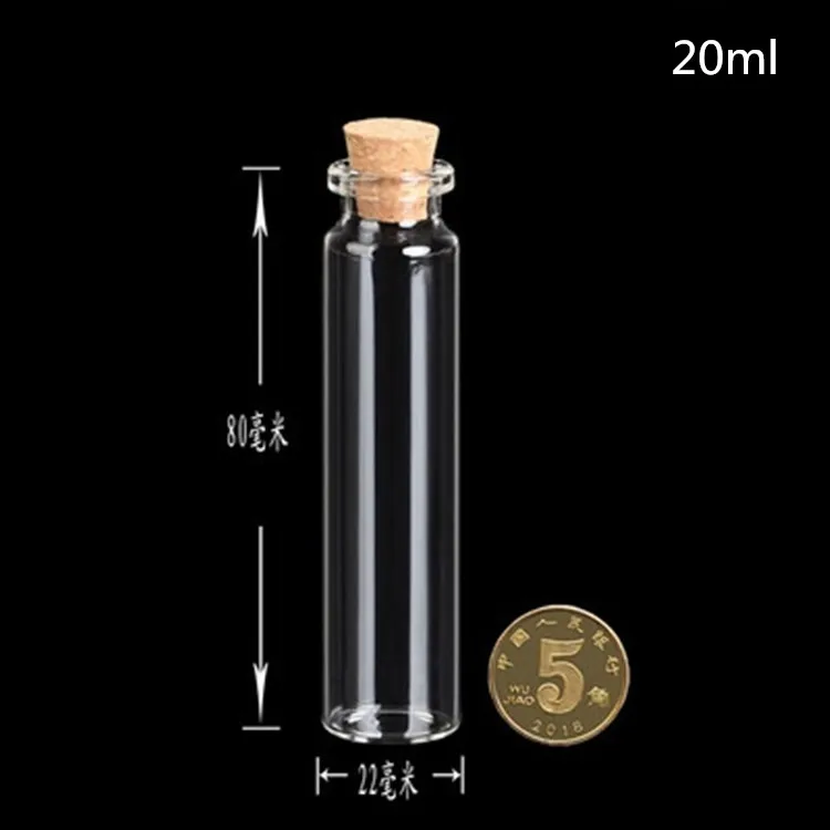 

100PCS 20ml Lovely Small Bottle Tiny Clear Empty Wishing Glass Message Vial With Cork Stopper 22mm*80mm glass empty Containers