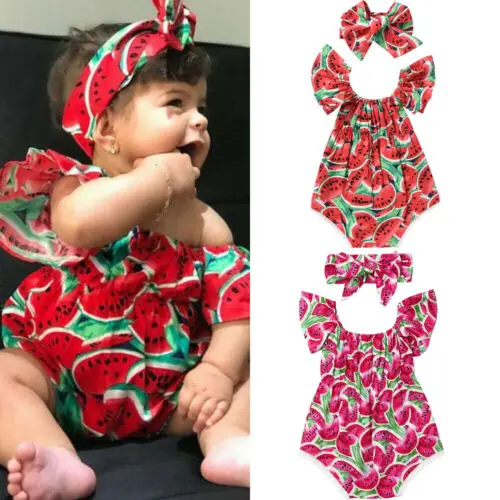 2020 Baby girl summer clothing Watermelon Romper Jumpsuit Headband Outfit for Kid clothes toddler Children newborn