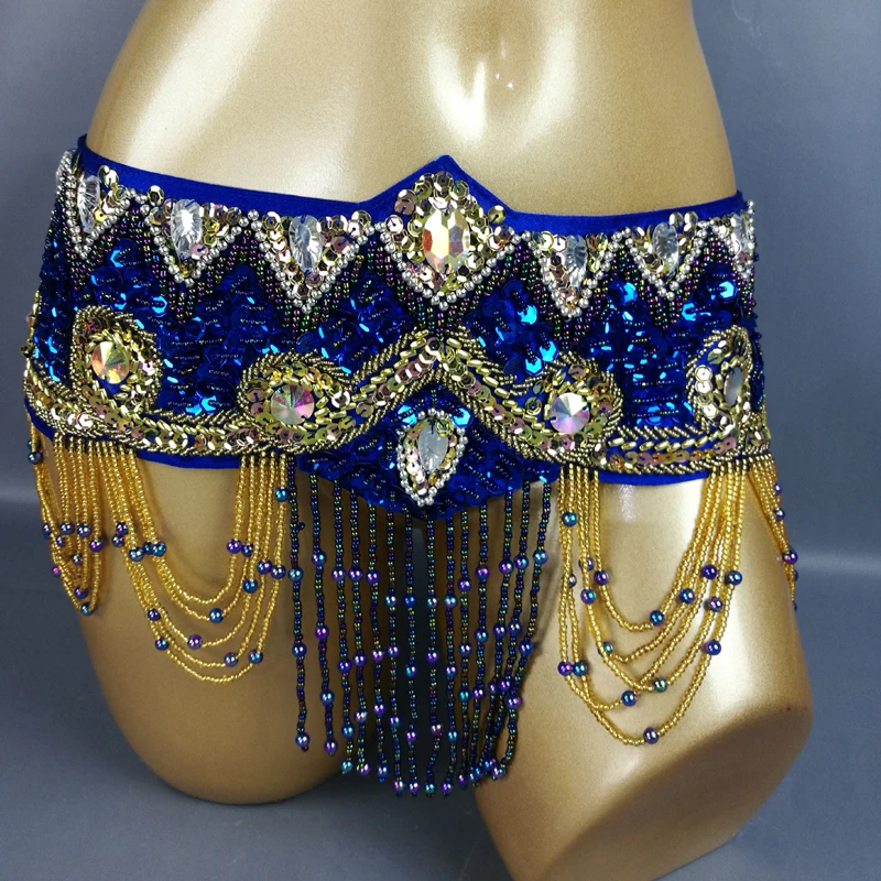 Groothandel Nieuwe Ontwerp Vrouwen Pailletten Buikdans Kostuum Hip Sjaal Wrap Handgemaakte Bellydance Riem Met Kwastje Kralen Taille Keten