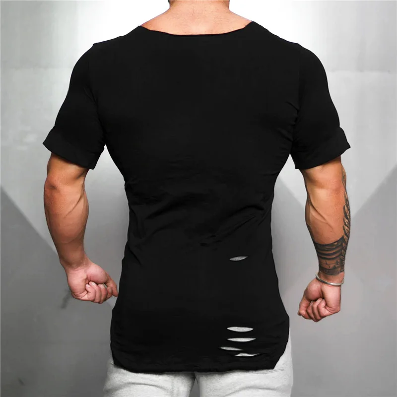 2020 Cotton Men\'s T shirt Vintage Ripped Hole Hip Hop T-shirt Men Fashion Casual Top Tee Men Washed Activewears Fitness Tshirt