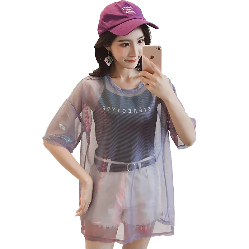 Gkfnmt Fashion Hollow Out T Shirt Women Sexy Transparent Summer Tops Ladies Short Sleeve Loose Two set T-Shirts Women Tee Shirt