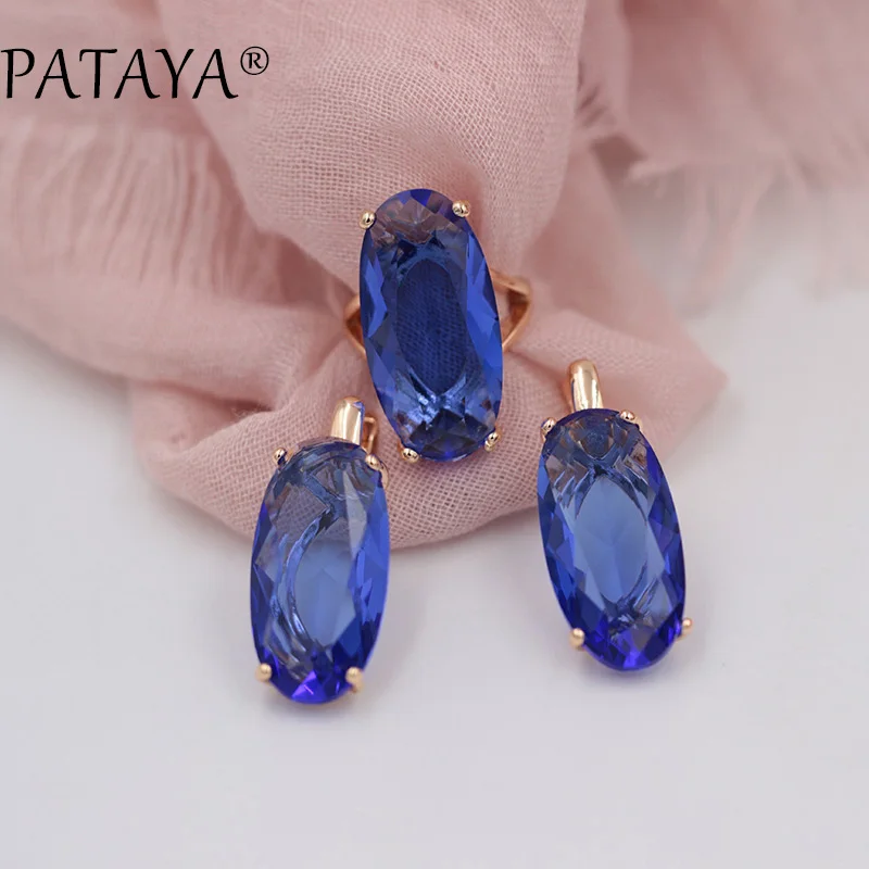 PATAYA New Bride 585 Rose Red Fine Jewelry Sets Green Oval Artificial Zircon Dangle Earrings Ring Sets Women Vintage Jewelry Set