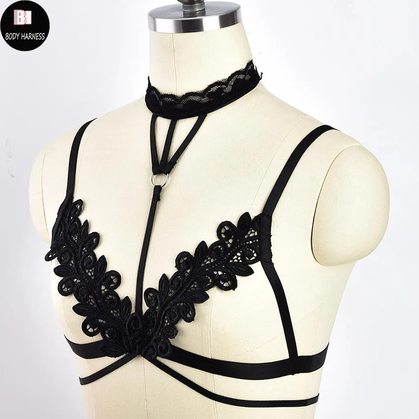 Black Lace Collar Body Harness Bra Cage Sexy Lingerie Crop Top Bustier Bondage Harness Goth Fetish Rave Pole Dance Harness Belt